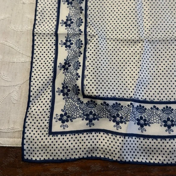 Vintage Anne Klein Silk Scarf Navy Blue Polka Dot Floral Lace Border 26" Square - Picture 5 of 14